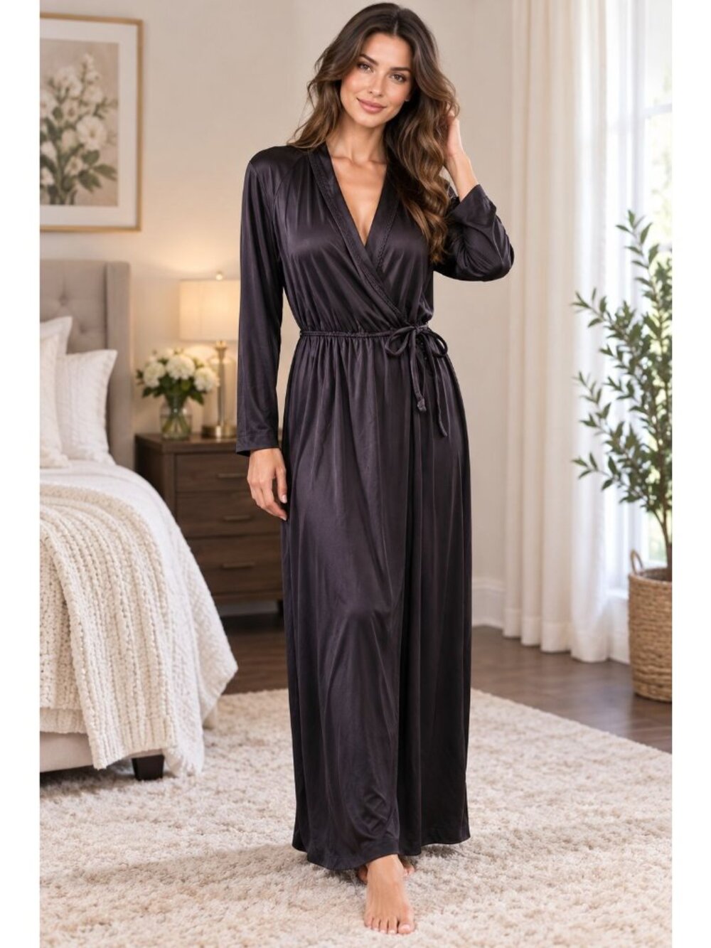 Vintage Vassarette black maxi-length wrap robe classic loungewear Tie Size M